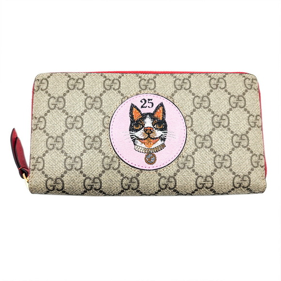 Gucci Handbags - GUCCI GG Supreme Zip Around Long Wallet Beige Tan Red Cat
